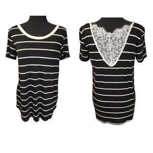 7th Ray Lace Back Black and White Striped Short Sleeve Tee Small